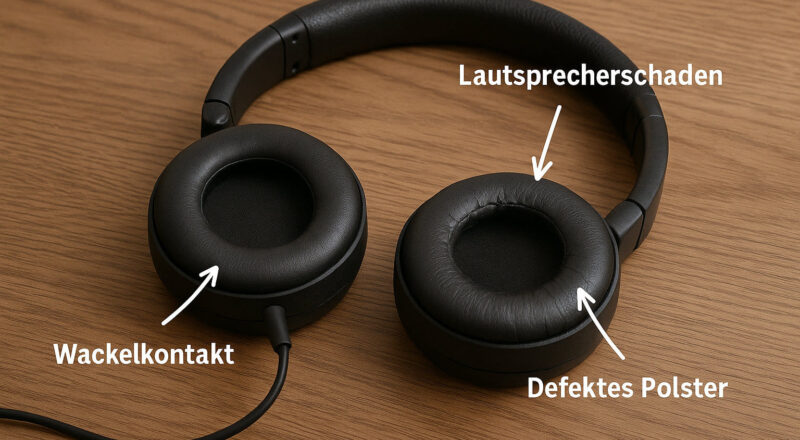 Defekte Kopfhörer mit typischen Schäden wie Wackelkontakt, beschädigtem Polster und Lautsprecherschaden
