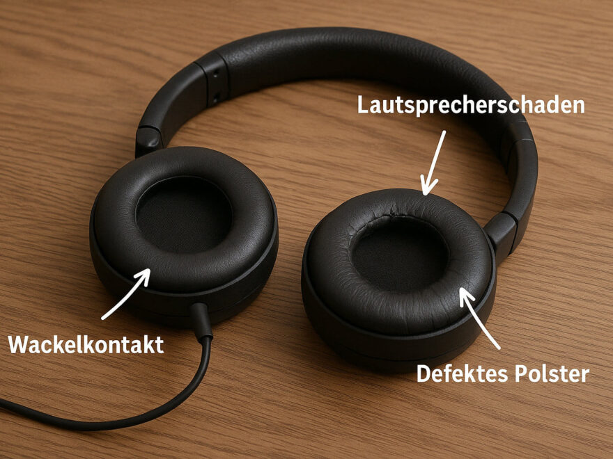 Defekte Kopfhörer mit typischen Schäden wie Wackelkontakt, beschädigtem Polster und Lautsprecherschaden