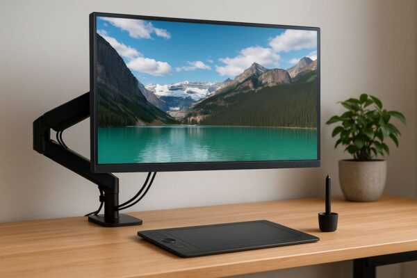Monitore für Fotobearbeitung mit ergonomischem Standfuß und vielseitigen Anschlüssen im kreativen Arbeitsplatz