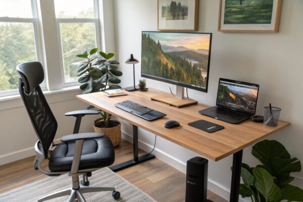 Ergonomischer Arbeitsplatz mit Monitoren für Grafikdesign und USB-C-Anschluss