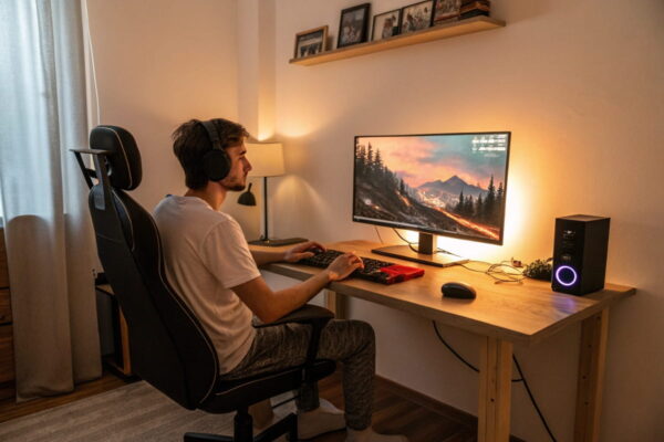 Gaming-Monitore unter 200 € in ergonomischem Schreibtisch-Setup mit HDMI- und DisplayPort-Anschlüssen