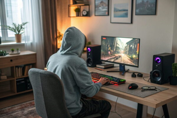 Gaming-Monitore unter 200 € in einem einfachen Einsteiger-Setup mit 24-Zoll-Monitor und RGB-Tastatur