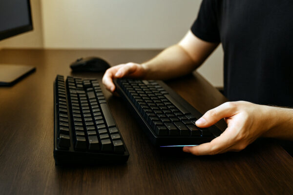 Gamer vergleicht zwei Gaming-Tastaturen mit unterschiedlicher Lautstärke