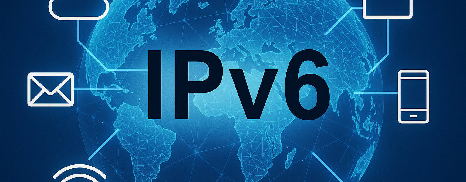 Digitale Illustration zu IPv6 mit vernetzter Weltkugel und Symbolen für moderne Internetgeräte