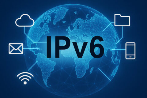 Digitale Illustration zu IPv6 mit vernetzter Weltkugel und Symbolen für moderne Internetgeräte