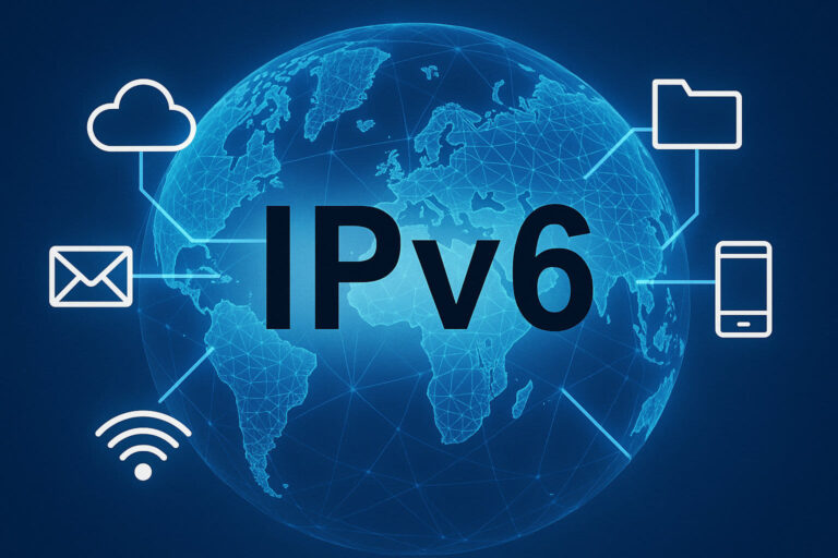 Digitale Illustration zu IPv6 mit vernetzter Weltkugel und Symbolen für moderne Internetgeräte