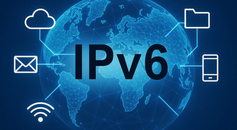 Digitale Illustration zu IPv6 mit vernetzter Weltkugel und Symbolen für moderne Internetgeräte