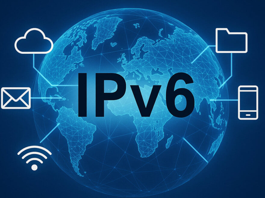 Digitale Illustration zu IPv6 mit vernetzter Weltkugel und Symbolen für moderne Internetgeräte