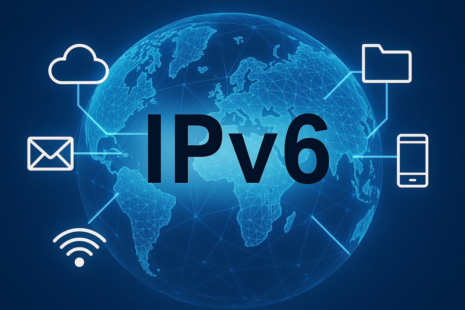 Digitale Illustration zu IPv6 mit vernetzter Weltkugel und Symbolen für moderne Internetgeräte
