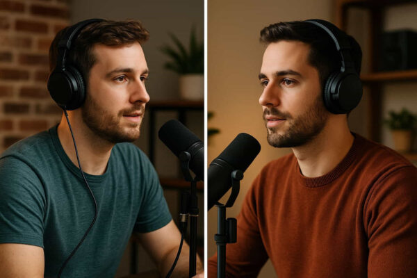 Kabelgebundene und kabellose Kopfhörer im Podcast-Studio im direkten Vergleich