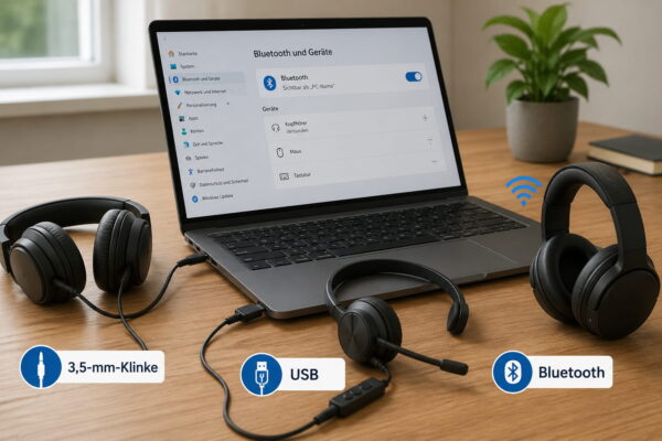 Kopfhörer kaufen: Kabel, USB und Bluetooth im Vergleich Kopfhörer kaufen: Laptop mit 3,5-mm-Klinke, USB-Headset und Bluetooth-Kopfhörer