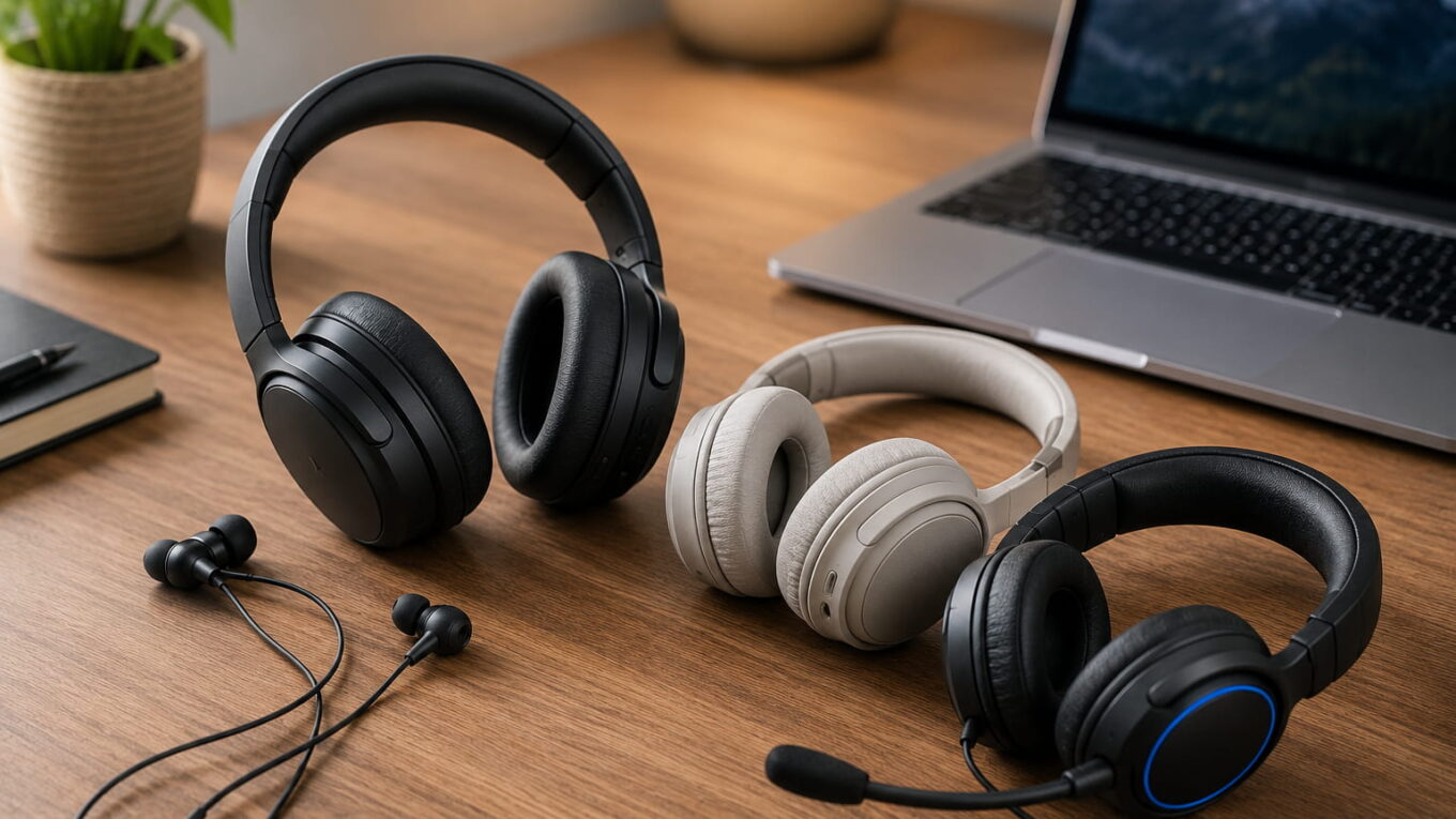 Kopfhörer kaufen: verschiedene Kopfhörer und Headsets auf einem Schreibtisch