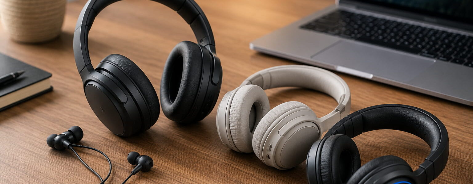 Kopfhörer kaufen: verschiedene Kopfhörer und Headsets auf einem Schreibtisch