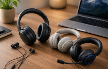 Kopfhörer kaufen: verschiedene Kopfhörer und Headsets auf einem Schreibtisch