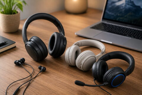 Kopfhörer kaufen: verschiedene Kopfhörer und Headsets auf einem Schreibtisch