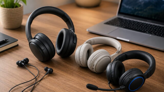 Kopfhörer kaufen: verschiedene Kopfhörer und Headsets auf einem Schreibtisch