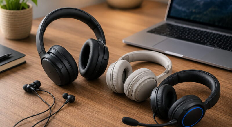 kopfhoerer kaufen beitragsbild Kopfhörer kaufen: verschiedene Kopfhörer und Headsets auf einem Schreibtisch
