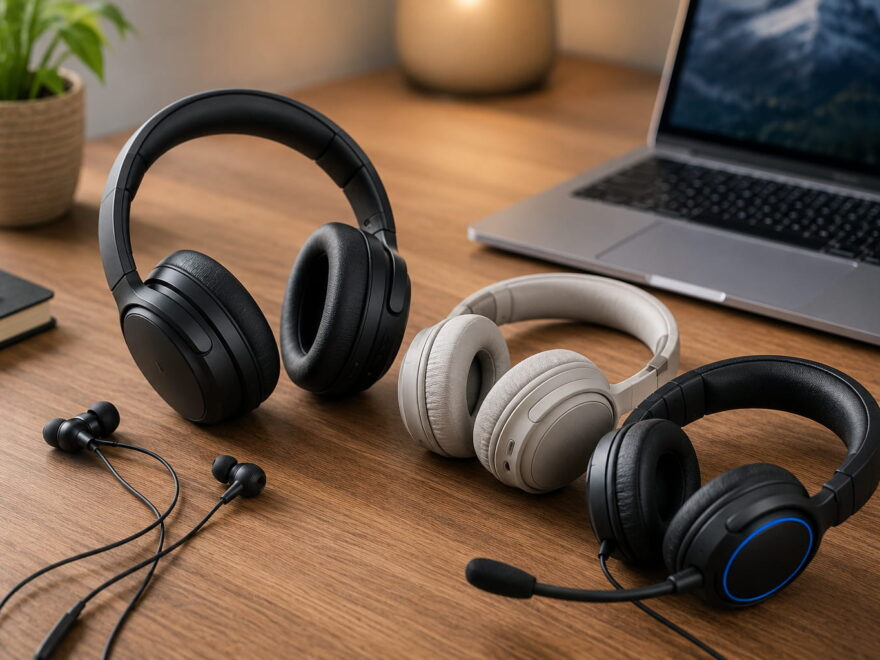 Kopfhörer kaufen: verschiedene Kopfhörer und Headsets auf einem Schreibtisch