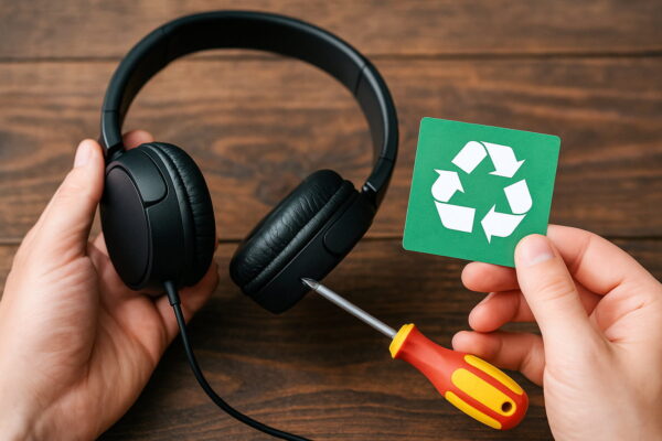 Nachhaltigkeit durch Reparatur von Kopfhörern Kopfhörerreparatur mit Werkzeug und Recycling-Symbol als Hinweis auf nachhaltige Nutzung