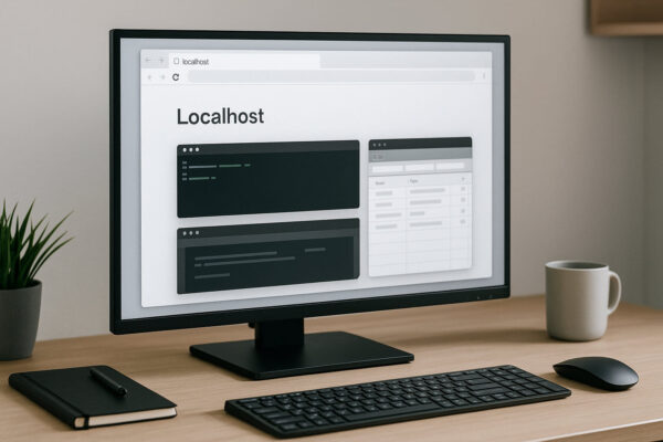 Arbeitsplatz mit Monitor, auf dem lokale Dienste wie Webserver und Tools über Localhost dargestellt sind.