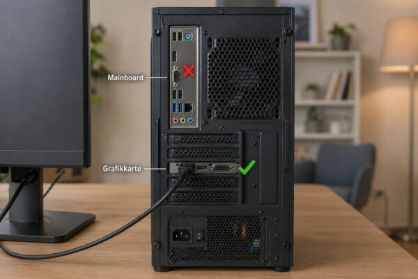 Kein Signal am Monitor: Bildschirmkabel richtig an der Grafikkarte statt am Mainboard anschließen
