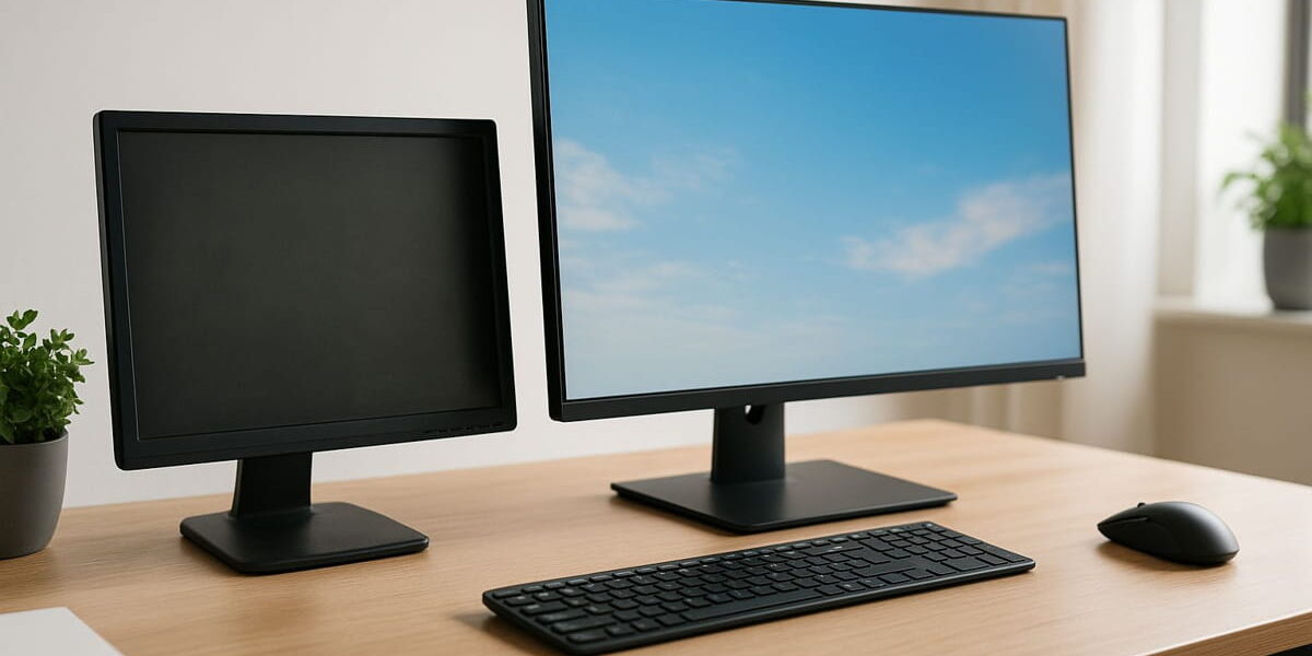 Monitor kaufen – Vergleich zwischen altem und neuem Bildschirm am Schreibtisch