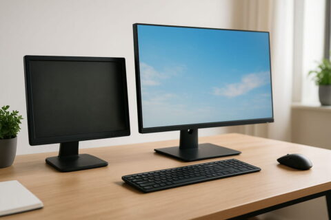 Monitor kaufen – Vergleich zwischen altem und neuem Bildschirm am Schreibtisch