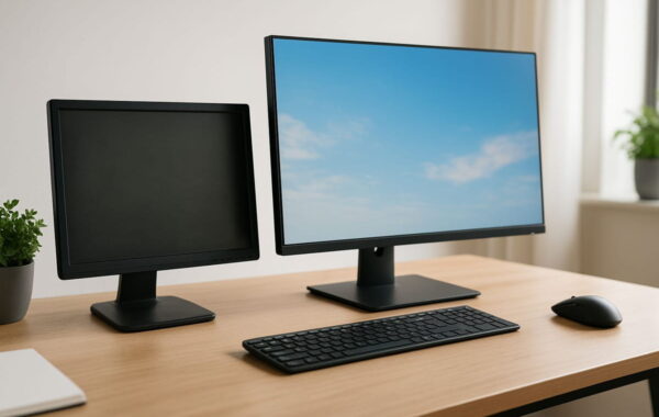 Monitor kaufen – Vergleich zwischen altem und neuem Bildschirm am Schreibtisch