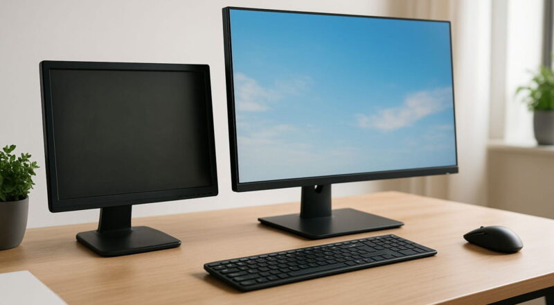 Monitor kaufen – Vergleich zwischen altem und neuem Bildschirm am Schreibtisch