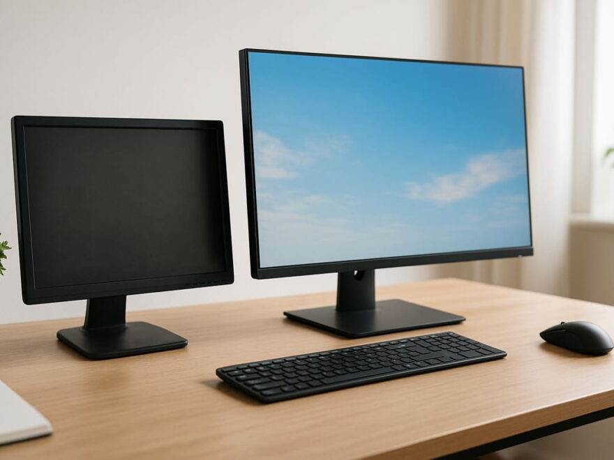 Monitor kaufen – Vergleich zwischen altem und neuem Bildschirm am Schreibtisch