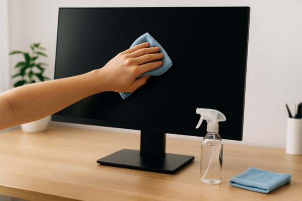 Monitor richtig reinigen Schritt-für-Schritt mit Mikrofasertuch und Wasserflasche