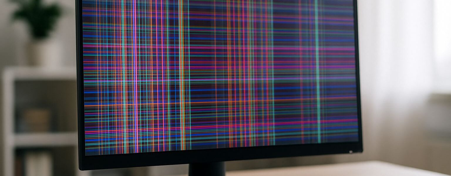 Monitor zeigt Streifen mit bunten Linien als typische Bildstörung