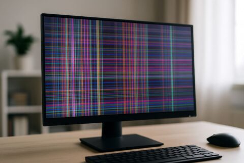 Monitor zeigt Streifen mit bunten Linien als typische Bildstörung