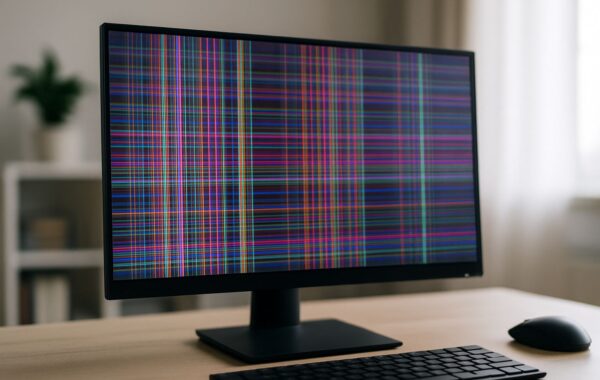 Monitor zeigt Streifen mit bunten Linien als typische Bildstörung