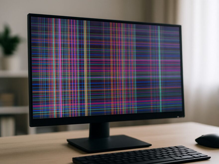 Monitor zeigt Streifen mit bunten Linien als typische Bildstörung