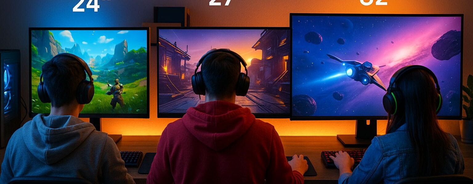 Monitorgröße beim Gaming im Vergleich: Spieler mit 24", 27" und 32" Monitoren