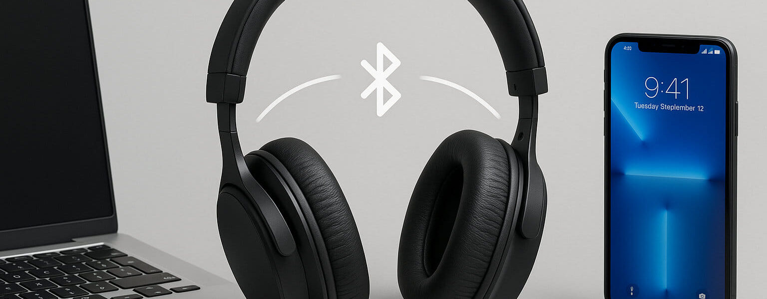 Multipoint-Konnektivität erklärt mit Kopfhörern, die gleichzeitig mit Laptop und Smartphone verbunden sind