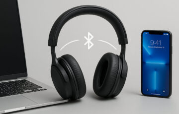 Multipoint-Konnektivität erklärt mit Kopfhörern, die gleichzeitig mit Laptop und Smartphone verbunden sind