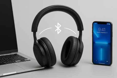 Multipoint-Konnektivität erklärt mit Kopfhörern, die gleichzeitig mit Laptop und Smartphone verbunden sind