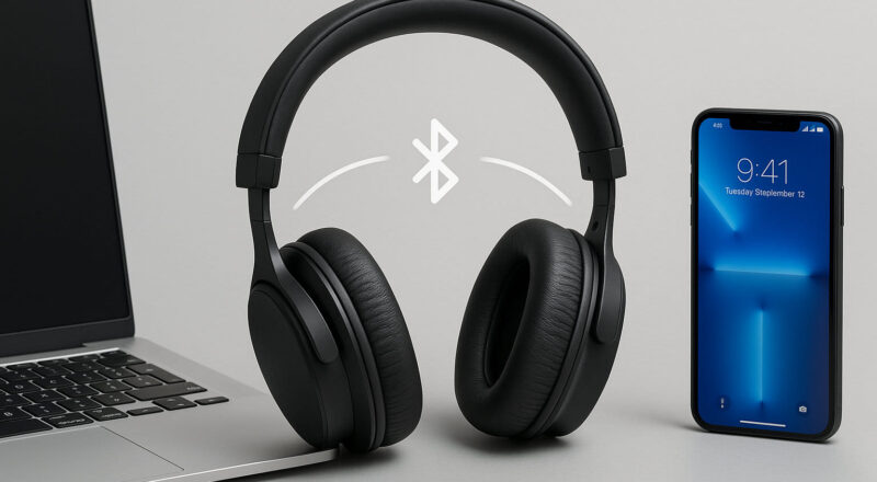 Multipoint-Konnektivität erklärt mit Kopfhörern, die gleichzeitig mit Laptop und Smartphone verbunden sind