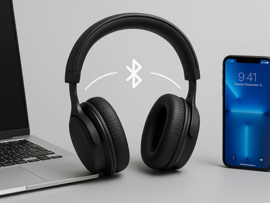 Multipoint-Konnektivität erklärt mit Kopfhörern, die gleichzeitig mit Laptop und Smartphone verbunden sind