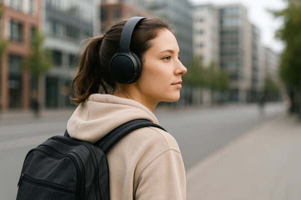 On-Ear Kopfhörer – ideal für Mobilität und Alltag On-Ear Kopfhörer unterwegs in der Stadt getragen
