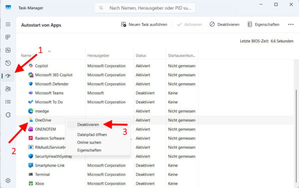 OneDrive im Autostart deaktivieren Windows 11 Task-Manager zeigt, wie OneDrive im Autostart deaktiviert wird
