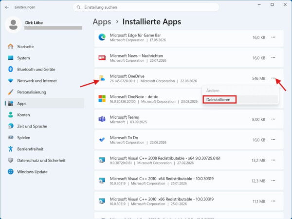 OneDrive unter Windows 11 deinstallieren Microsoft OneDrive unter Windows 11 über die installierten Apps deinstallieren