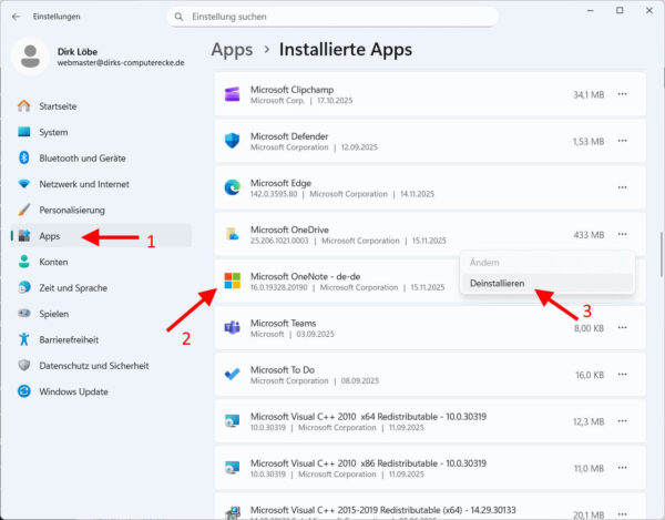 OneDrive in Windows 11 deinstallieren Windows 11 Apps-Einstellungen mit ausgewählter Option zur Deinstallation von OneDrive