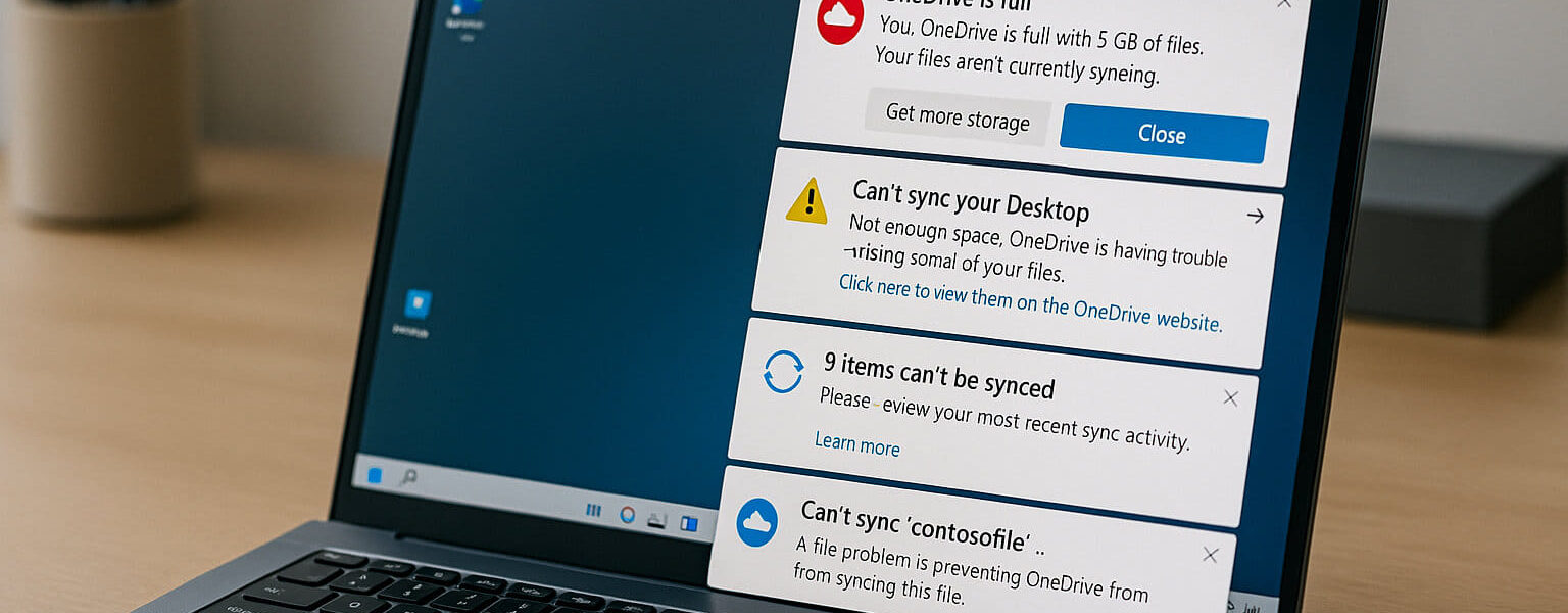 Windows-PC mit störenden OneDrive-Pop-ups und Speicherwarnungen