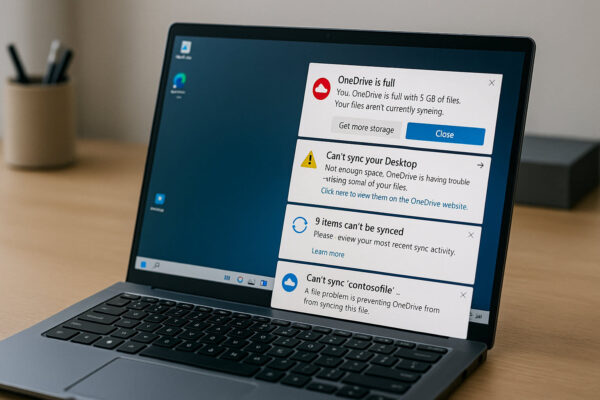 Typische OneDrive-Probleme im Alltag Windows-PC mit störenden OneDrive-Pop-ups und Speicherwarnungen