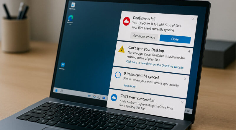 Windows-PC mit störenden OneDrive-Pop-ups und Speicherwarnungen