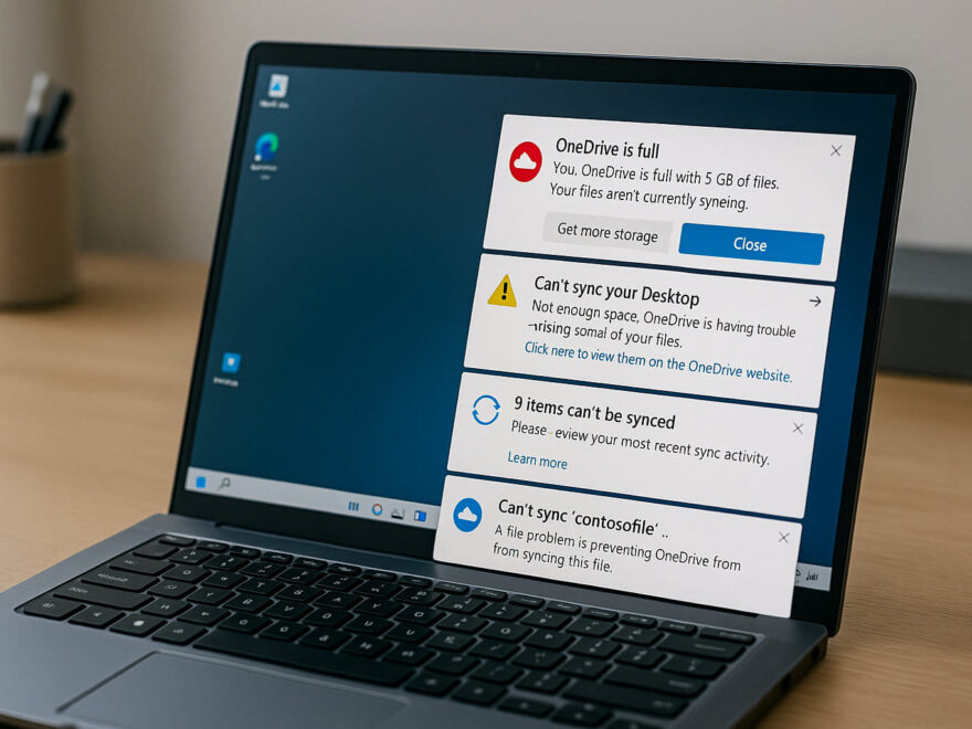 Windows-PC mit störenden OneDrive-Pop-ups und Speicherwarnungen
