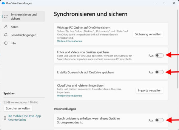 OneDrive-Synchronisation abschalten OneDrive-Einstellungen in Windows 11 mit deaktivierten Synchronisations- und Backup-Funktionen